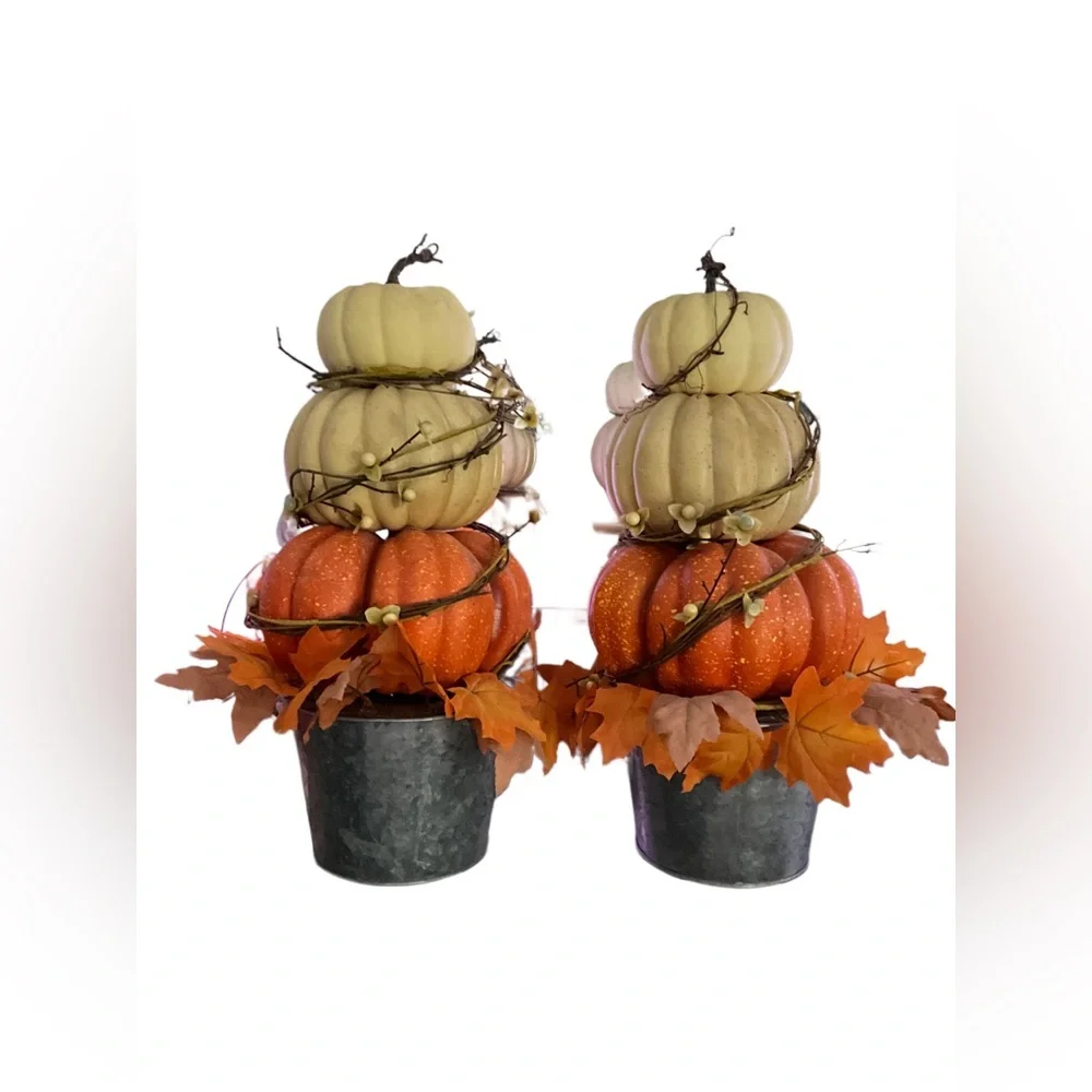 Large Farmhouse Tiered Pumpkin Decor Set of 2 Autumn Table Centerpieces